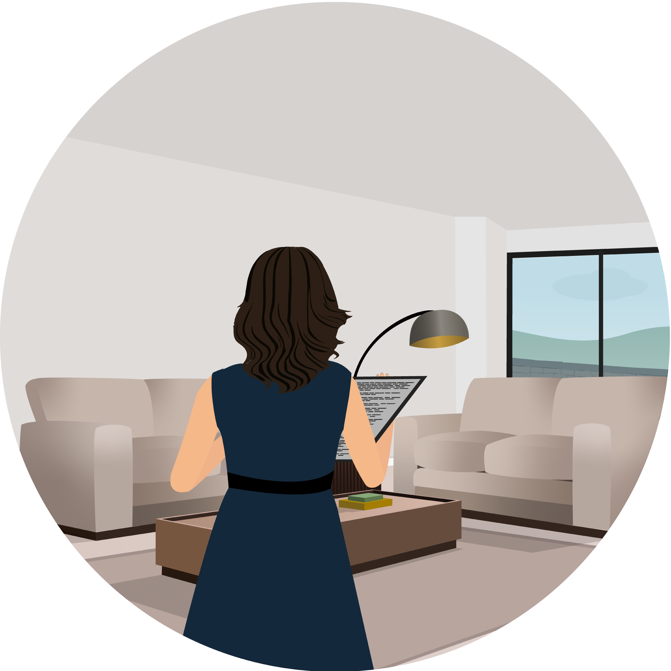 An image of a woman who is a valuer looking around a room and making a judgement on the value of the home.