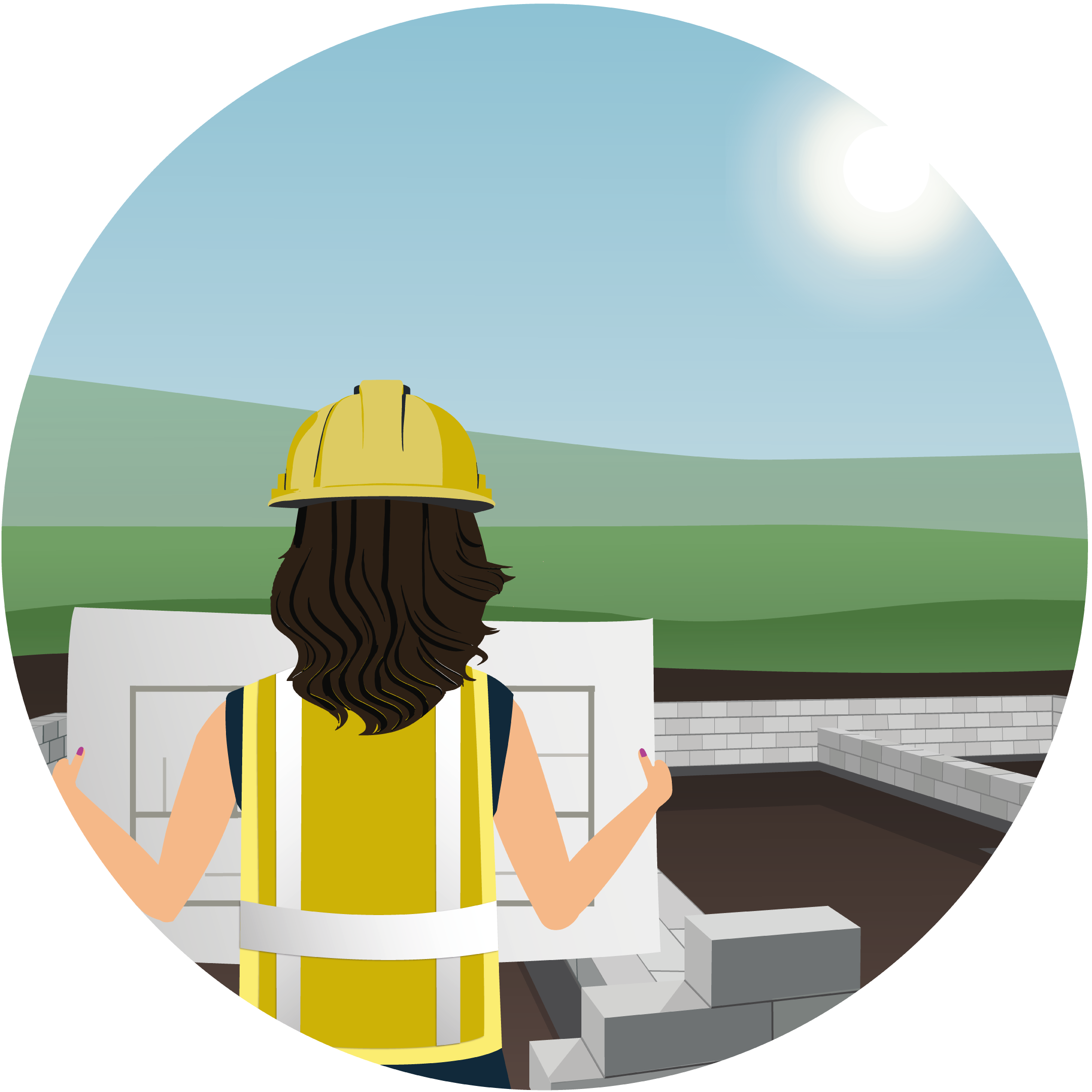 A woman is stood next to a new construction site with footings already poured and supporting walls in the early stages of being build. She is wearing a hard hat and holding architect plans in her hands.