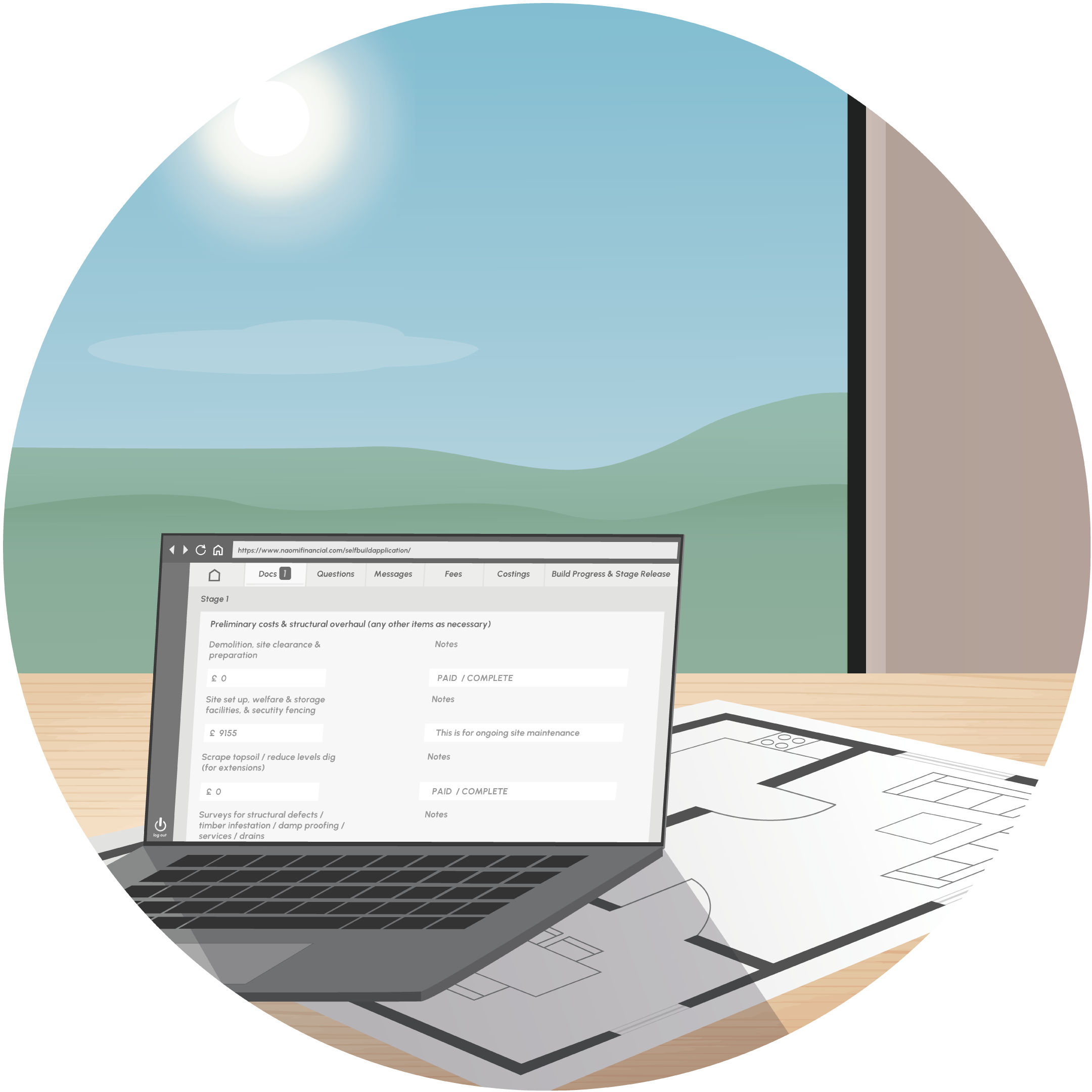 A laptop on a table with a screen showing a sef build mortgage application. The laptop is sat on top of architectural drawings.