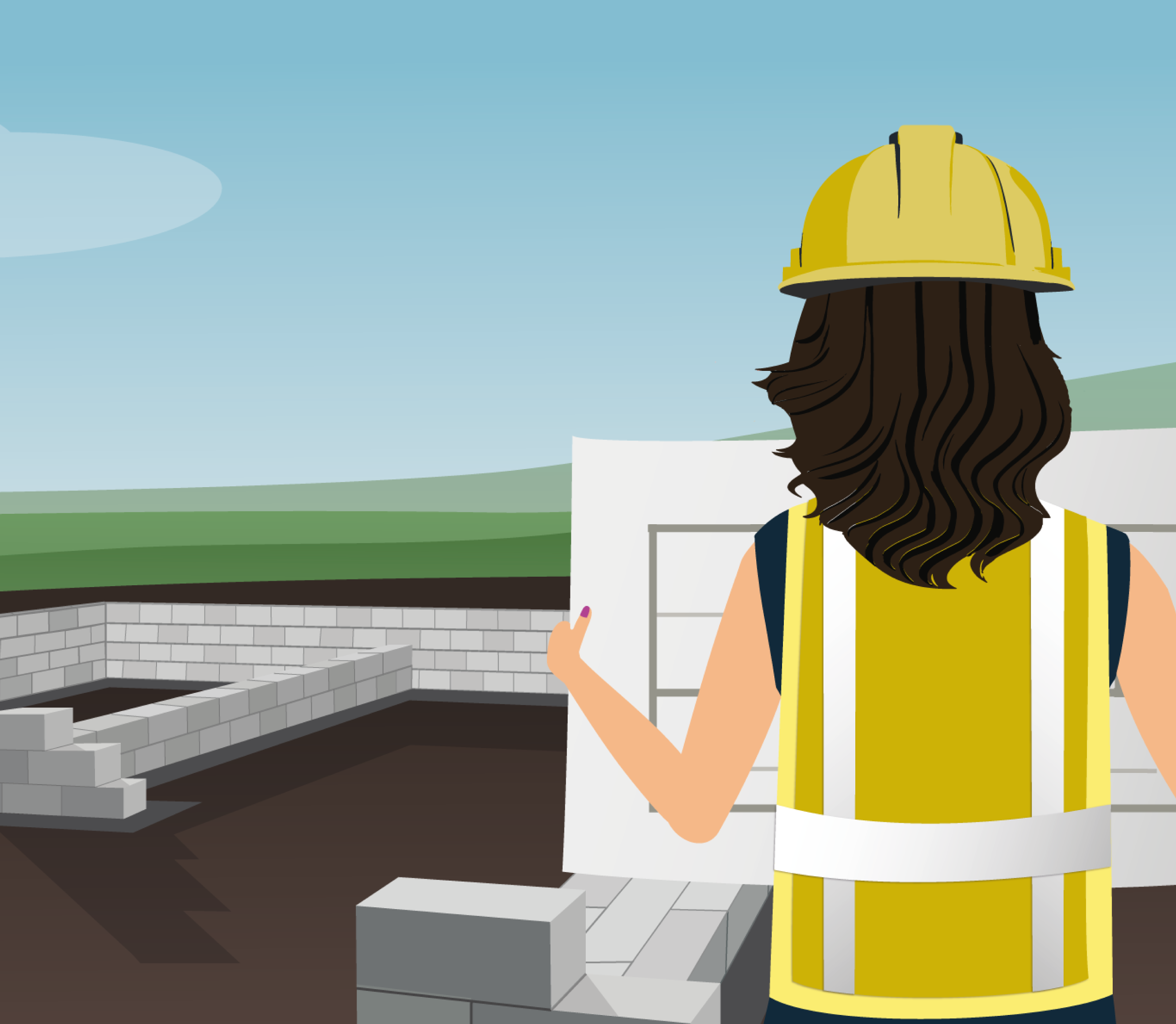 A woman is stood next to a new construction site with footings already poured and supporting walls in the early stages of being build. She is wearing a hard hat and holding architect plans in her hands.