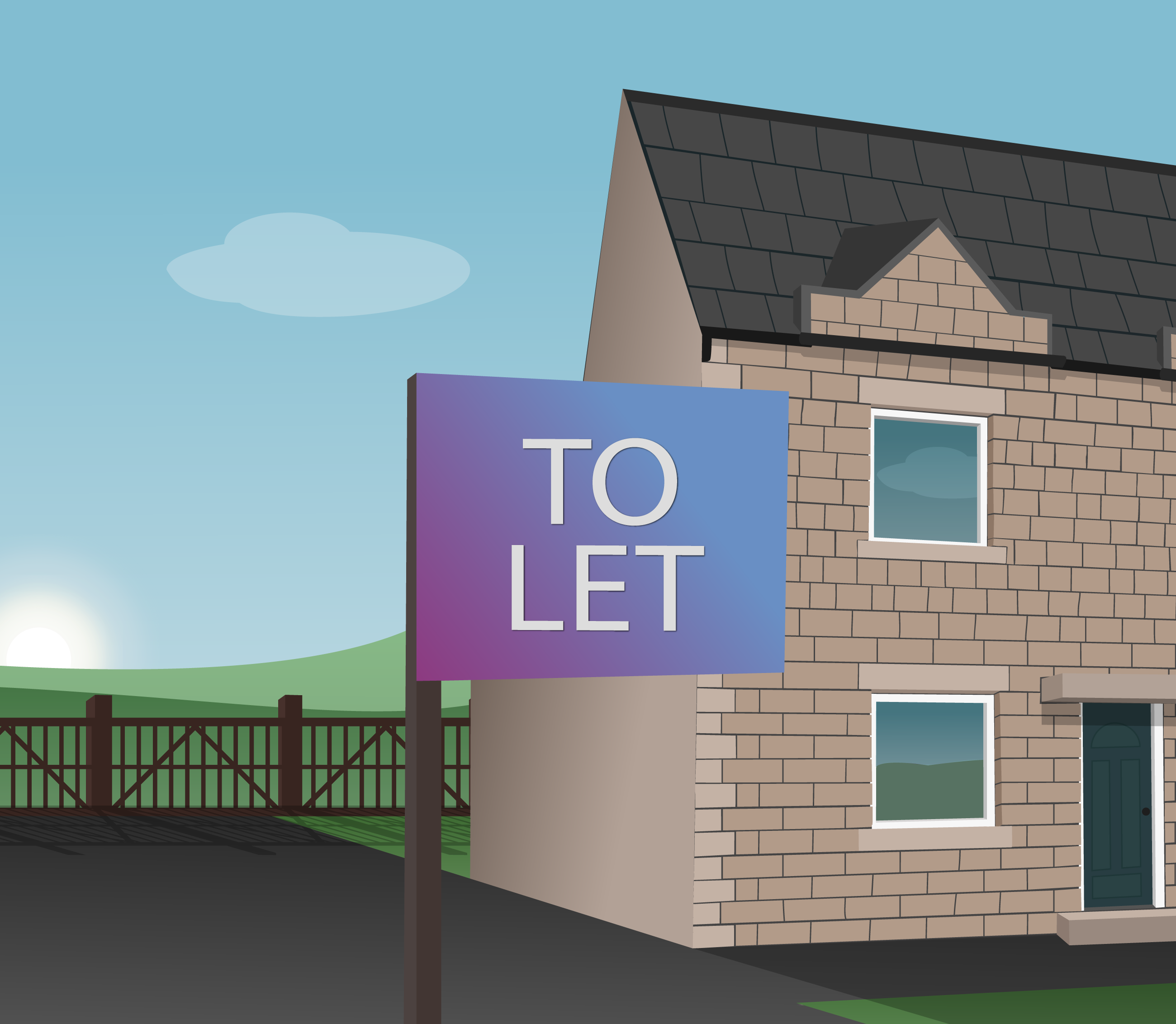 A modern detached house with an estate agent sign outside saying To Let