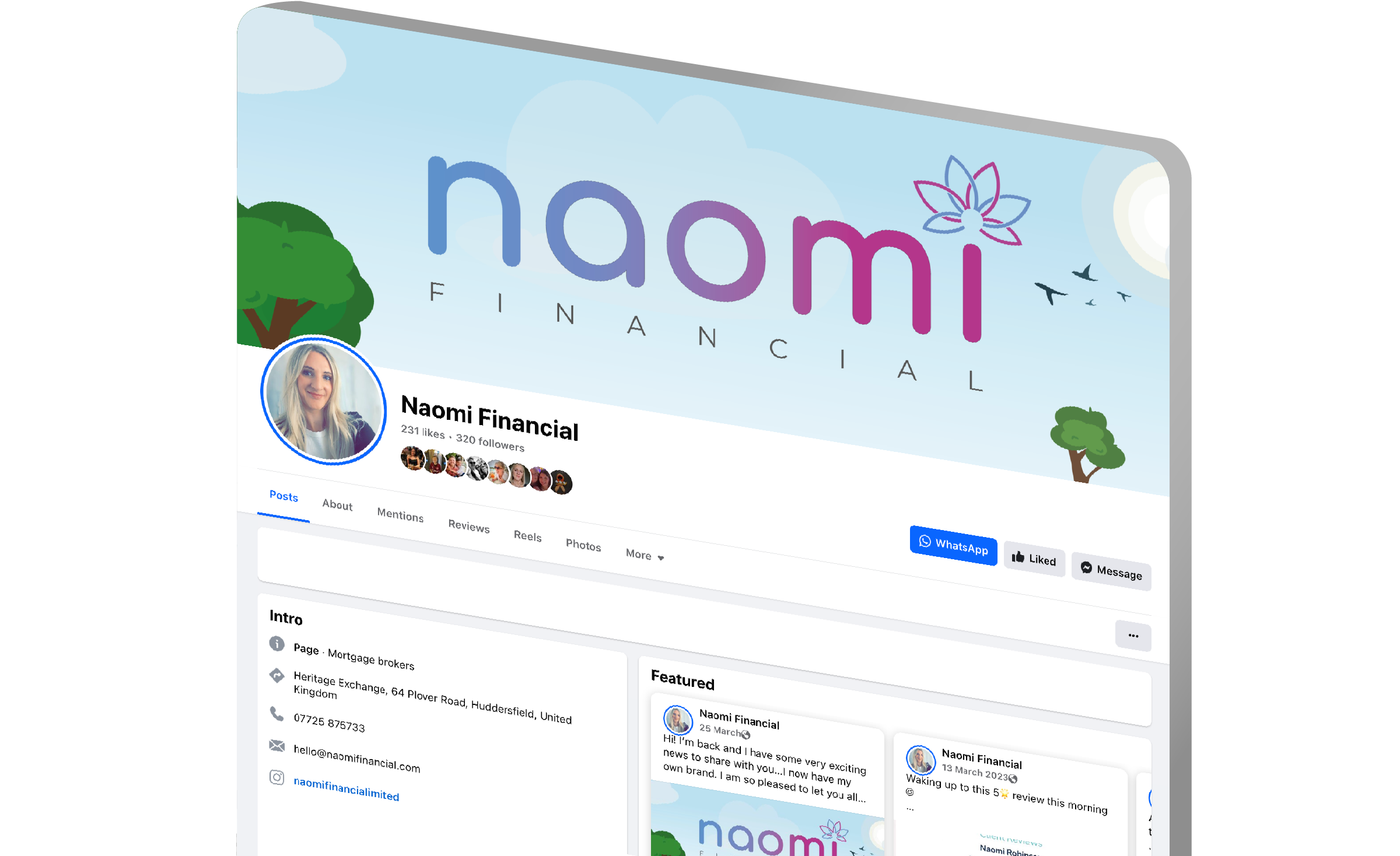 An image of screenshots taken from Naomi Financial's Facebook Business page.