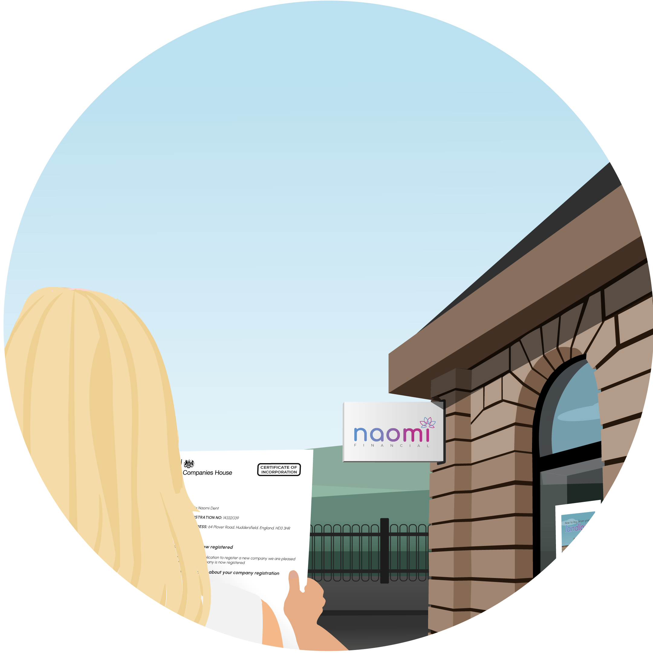 Naomi is stood outside of Naomi Financial offices holding a Certificate of Incorporation which she received from Companies House to show she now has a brand new company.