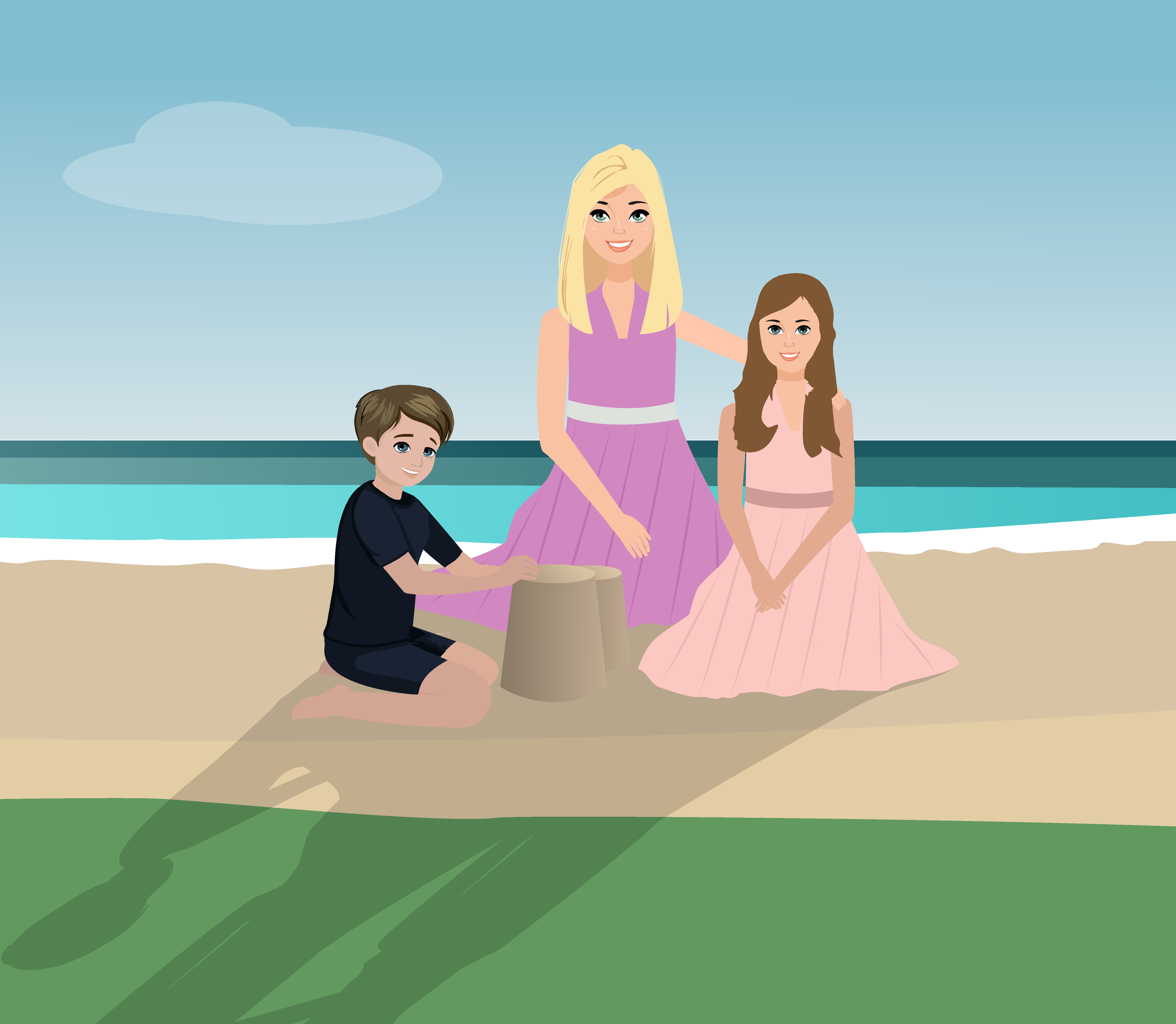 A woman sat on a beach with her two children. She has family income benefit which supports the family if she is ill.