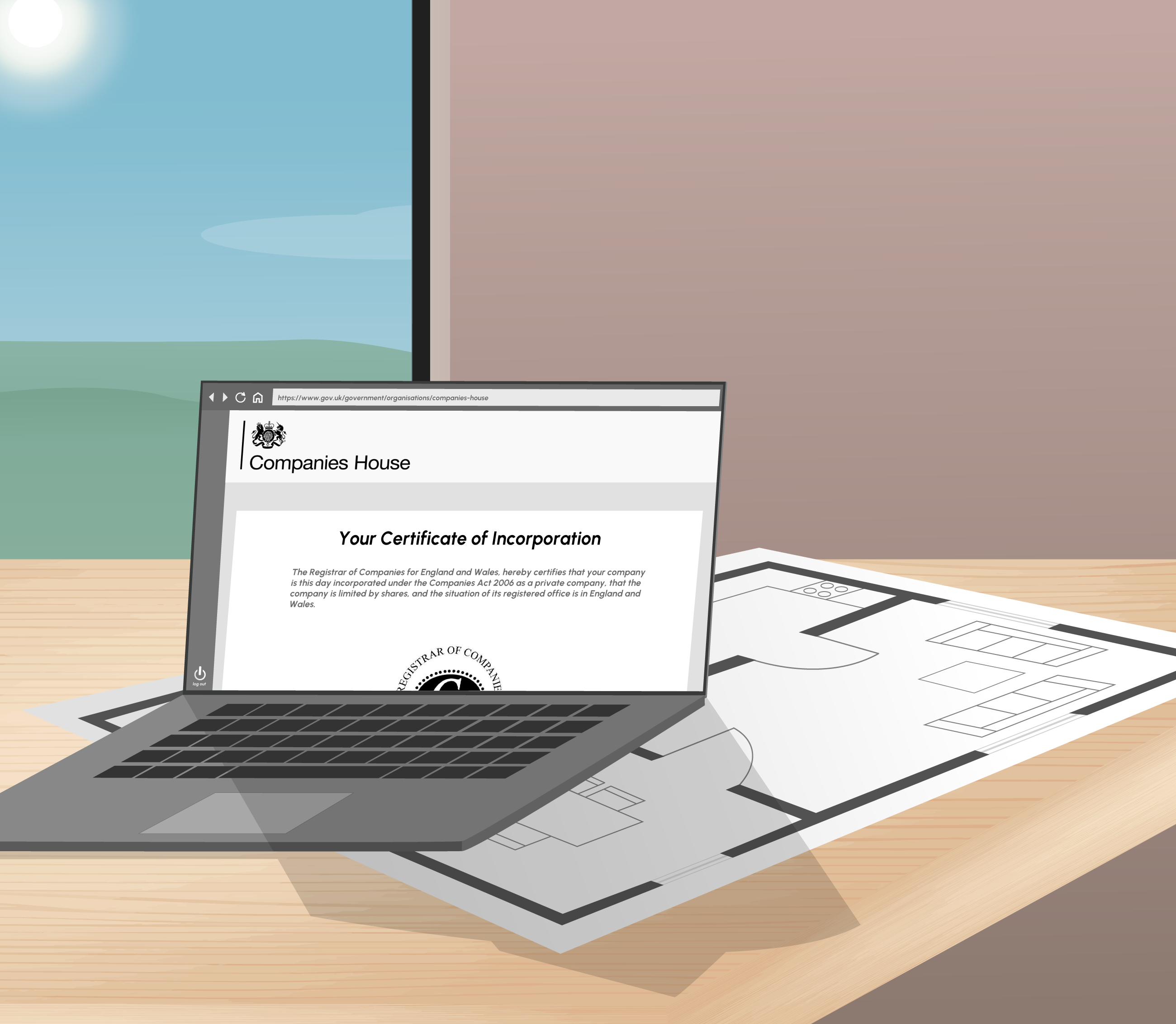 An image of a laptop with a copy of a Certificate of Incorporation showing on the screen.