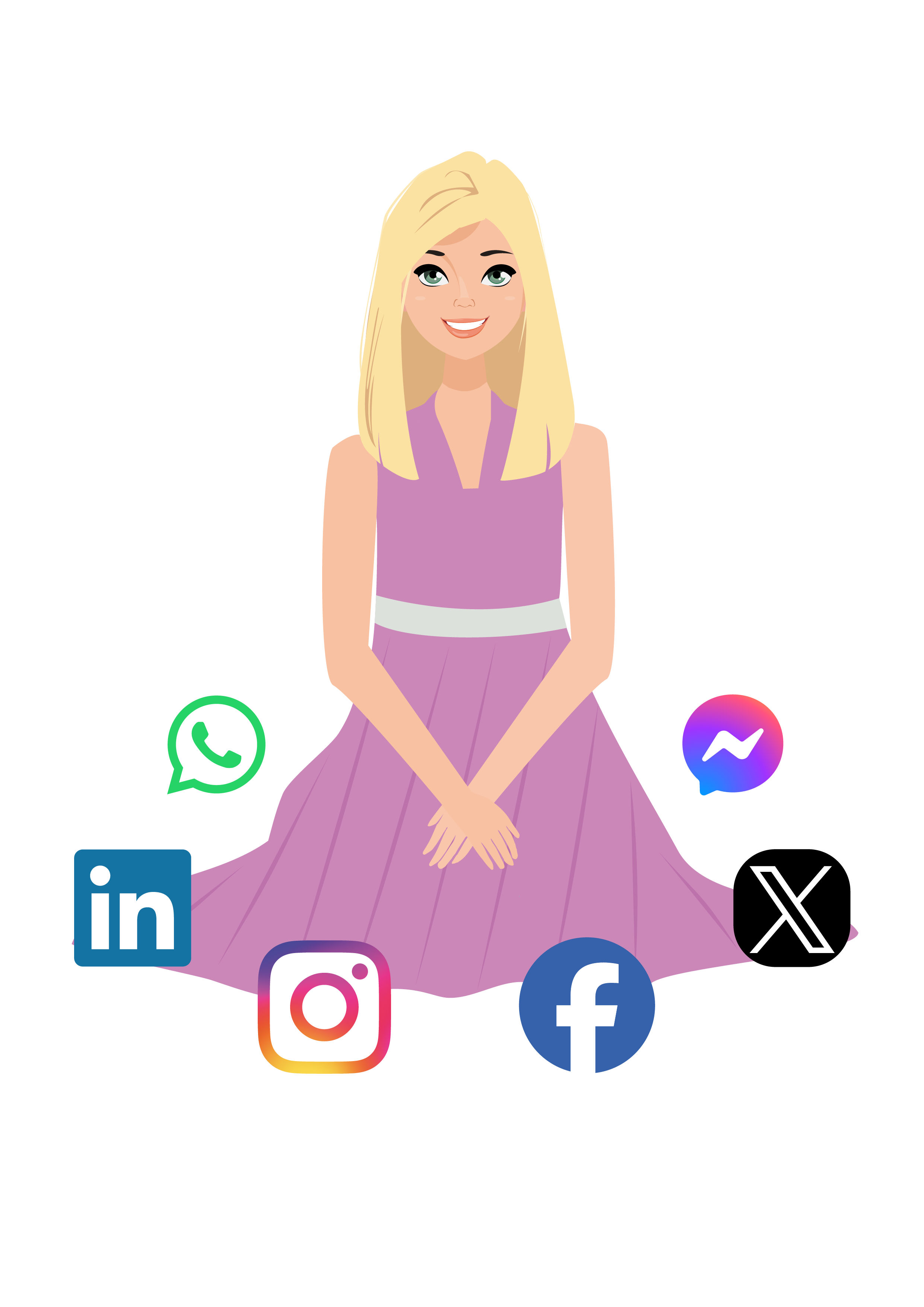 An image of Naomi at Naomi Financial. She is sat on the floor and the logos of the world's best known social media companies are surrounding her. The images are of Whatsapp, Facebook Messenger, X, Facebook, Instagram and Linkedin.