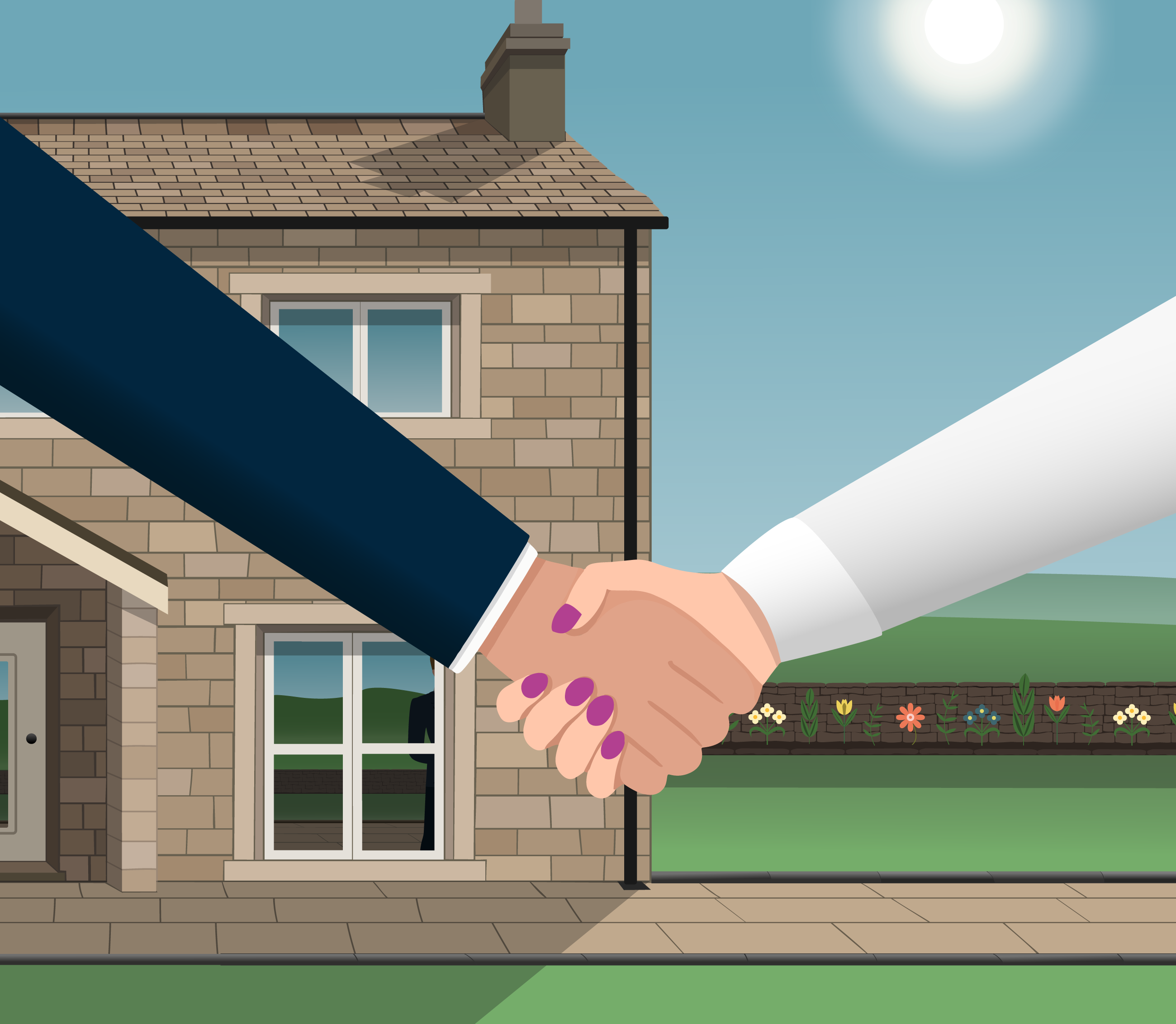 A man and a woman shaking hands outside a house implying that the house has been sold to let out as part of a portfolio of buy to let house.