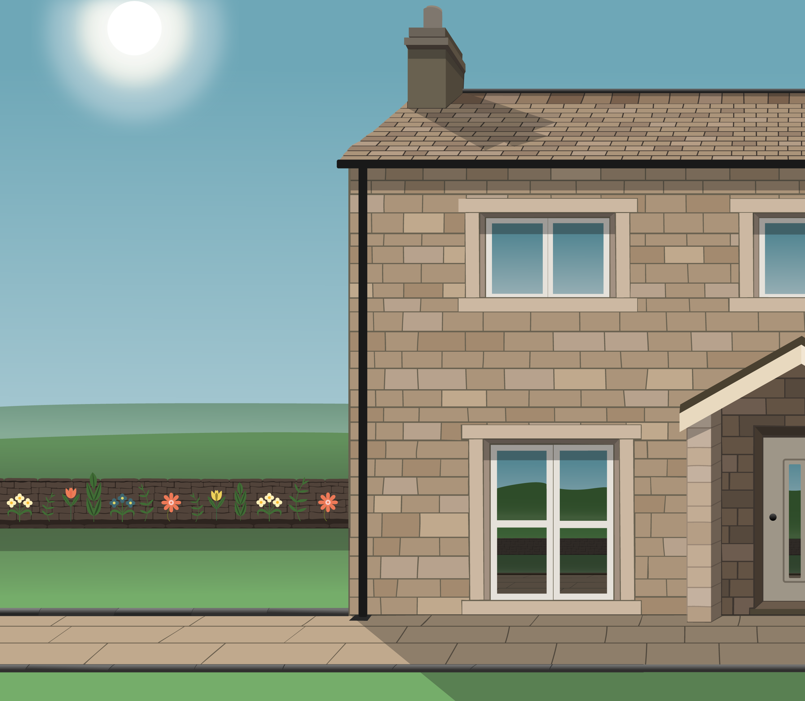 A detached house that is being remortgaged in the countryside with the sun shining.