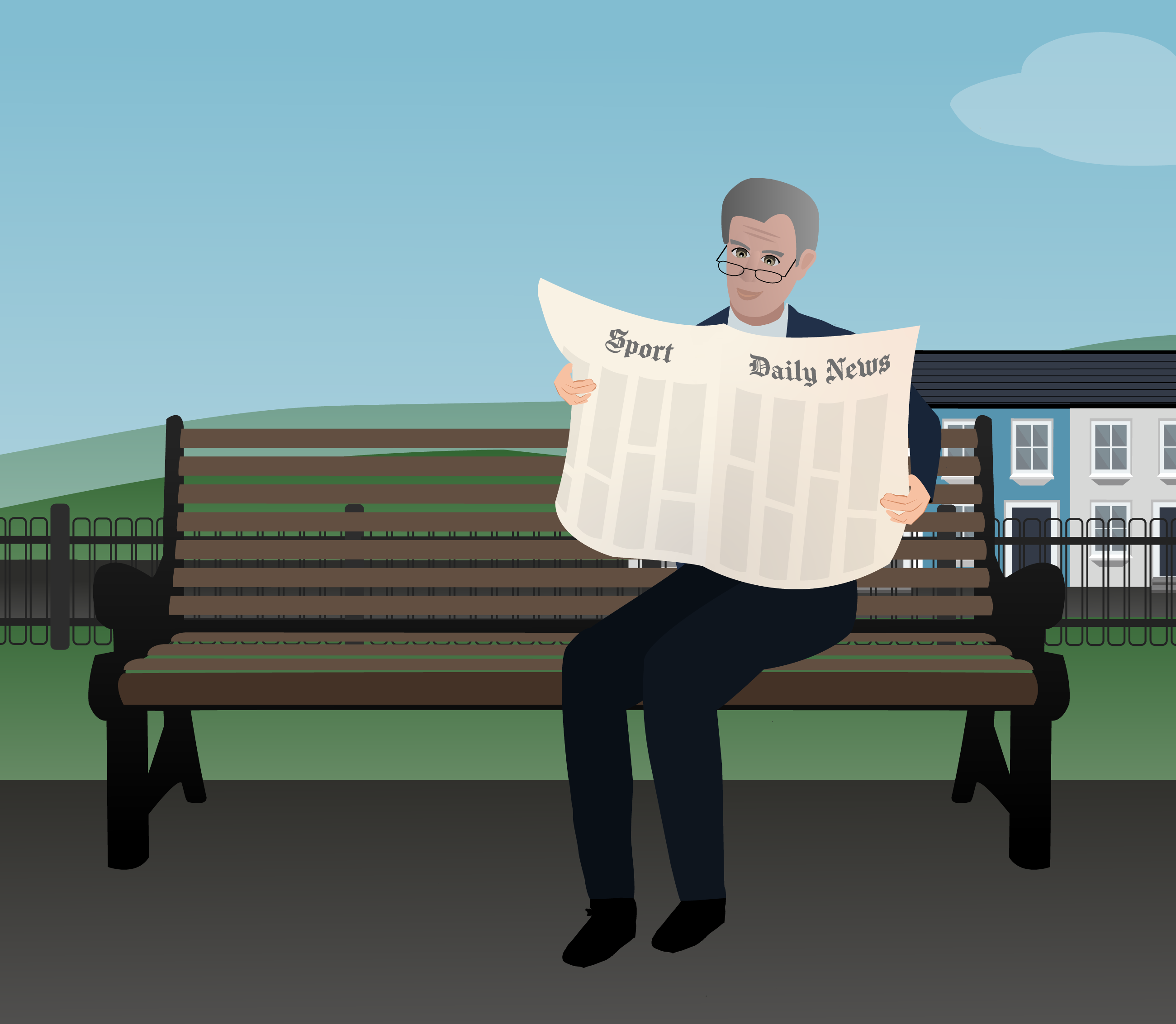 An elderly man sat on a park bench reading a newspaper.